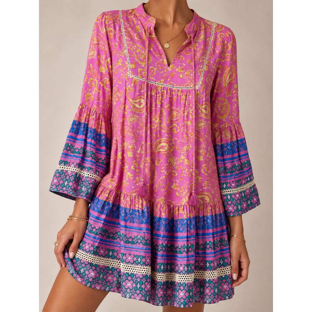 Coco + Carmen Pink Boho Paisley Tunic Dress Crochet Trim Tassel Flowy S/M